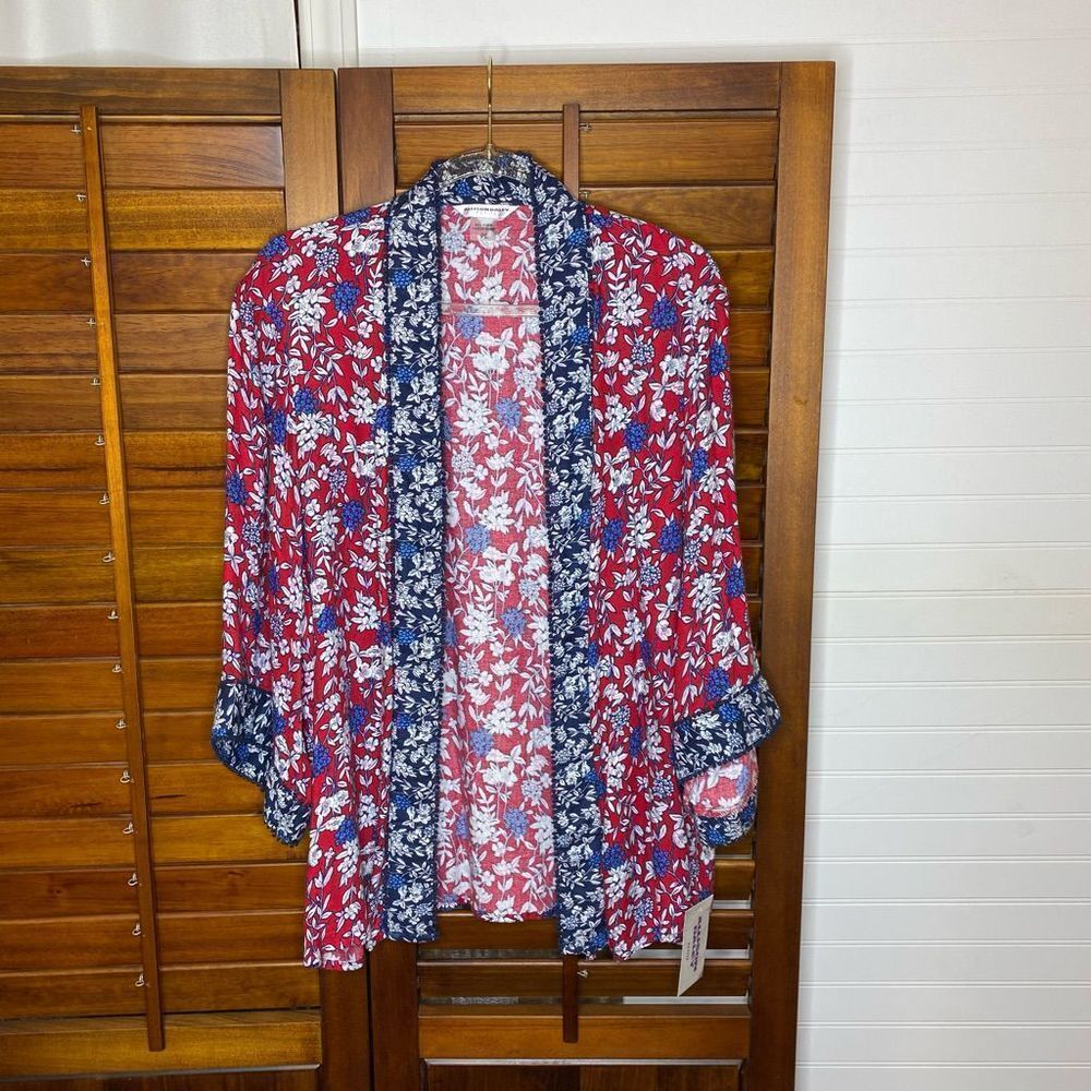 Allison Daley Floral Red & Blue Kimono Cardigan Women’s Size Large Petites